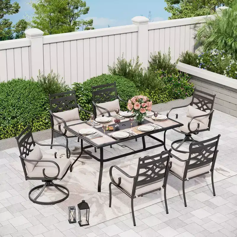 7pc Outdoor Dining Set with 2 Swivel Chairs & Faux Wood Table with Umbrella Hole - Captiva Designs: Weather-Resistant Patio Furniture