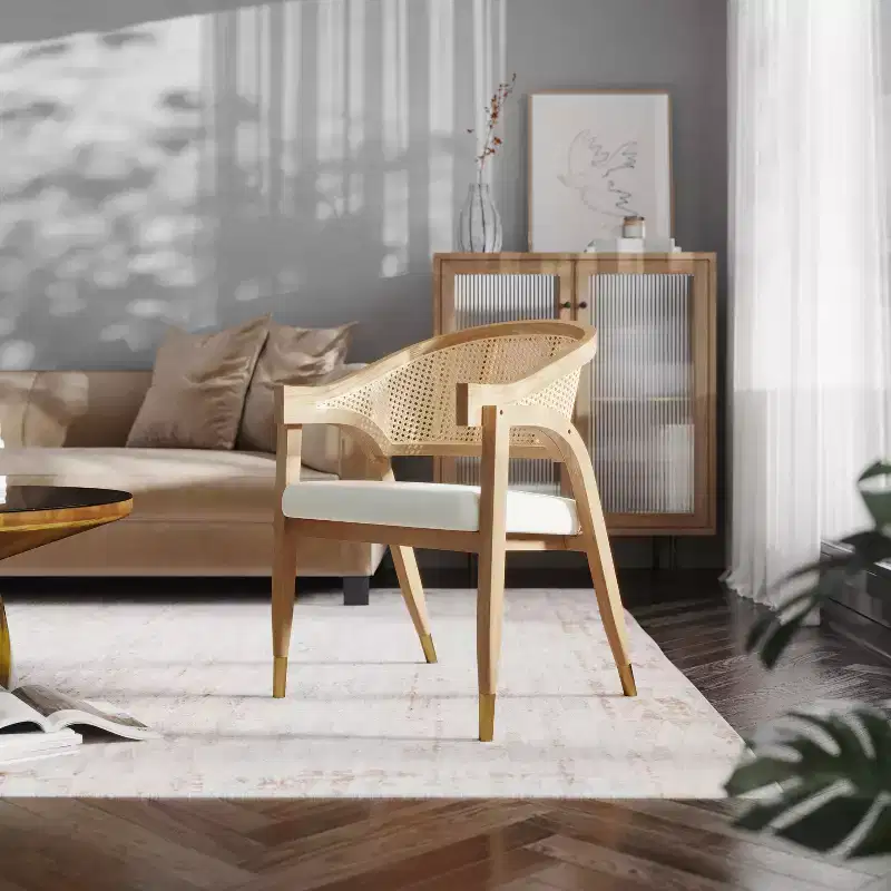 Cane Rattan Dining and Accent Chair with Solid Wood Frame and Cushioned Seat