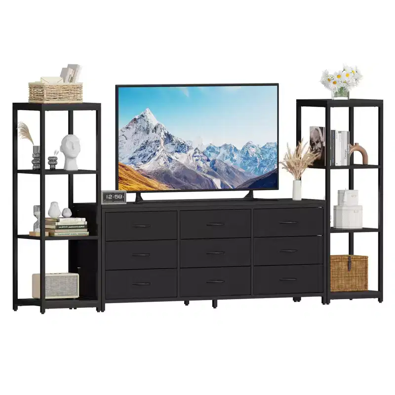 TV Stands Dresser with 9 Fabric Drawers and 2 Industrial 4-Tier Storage Shelves for Living Room