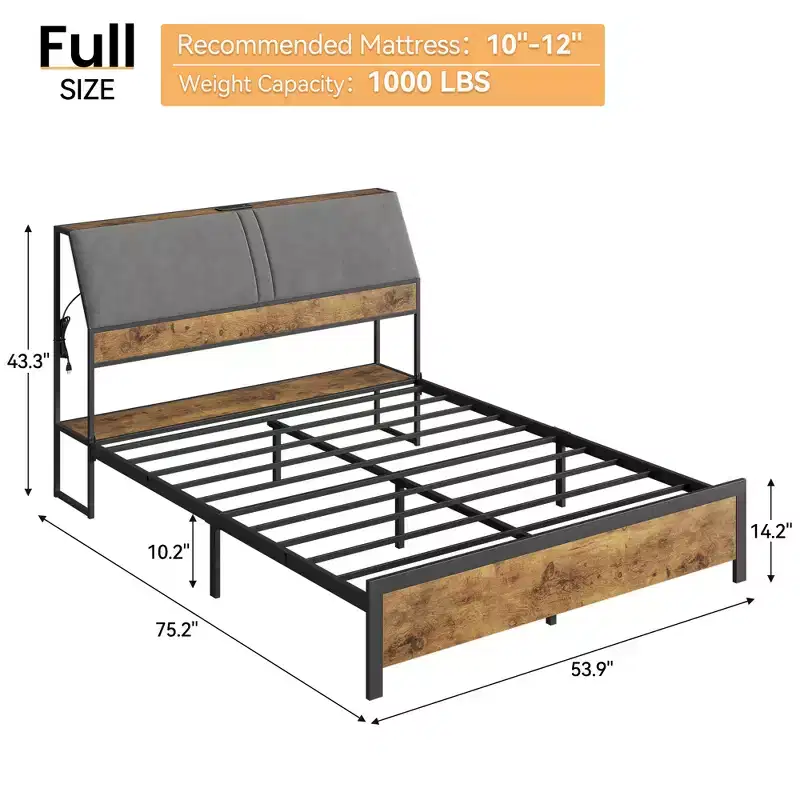 Platform Bed Frame with Upholstered Headboard, Charging Station, Durable Metal Frame, Noiseless, No Spring Mattress Required, Easy to Assemble