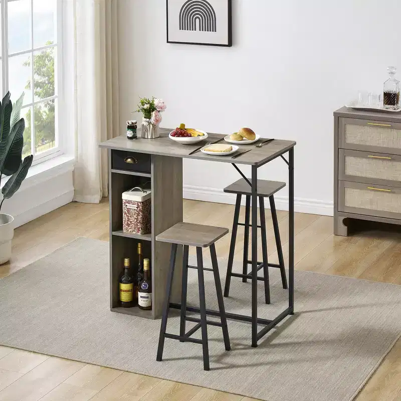 3-Piece Small Bar Table and Chairs Set  Space Saving Pub Table with Storage Drawer & Shelf, Retro