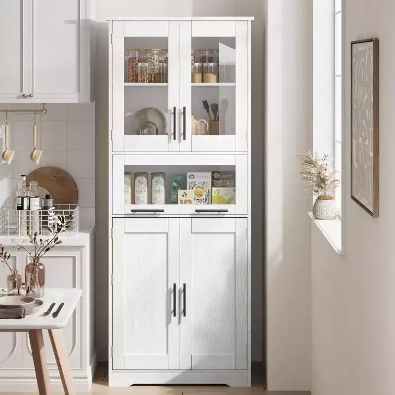 Tall bathroom cabinet with doors and adjustable shelves, 5 compartments, suitable for living room, kitchen, or dining room.