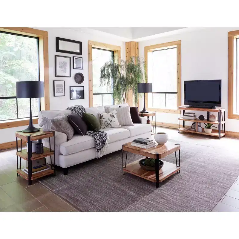 28" Natural Brown Live Edge Solid Wood Cube Coffee Table Metal And Wood: Acacia Top, 4-Leg Base