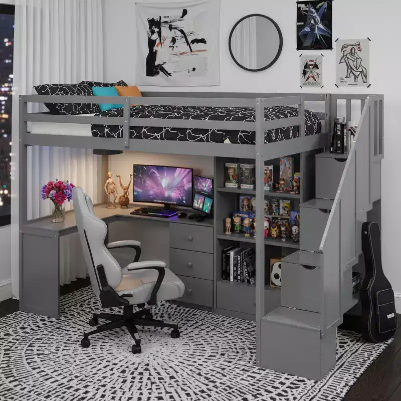 94.4''L*57.4''W Wood Loft Bed with L-Shaped Desk and Drawers, Cabinet and Storage Staircase