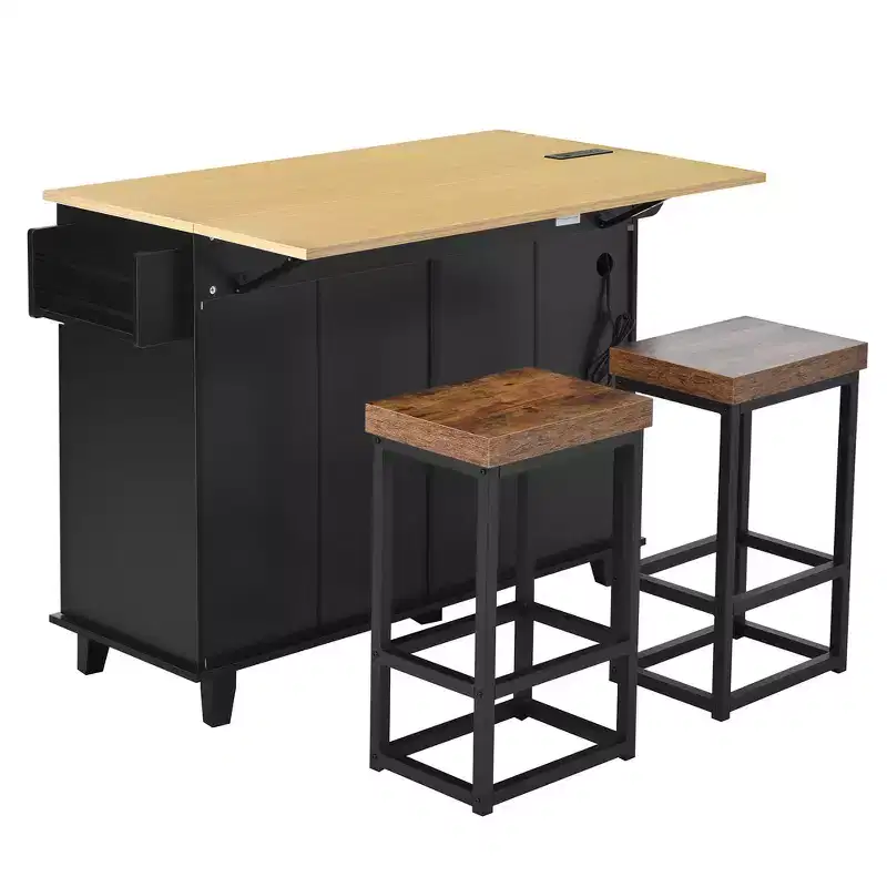 Farmhouse Kitchen Island with Drop Leaf, Drawers, Power Outlet and 2 Seats