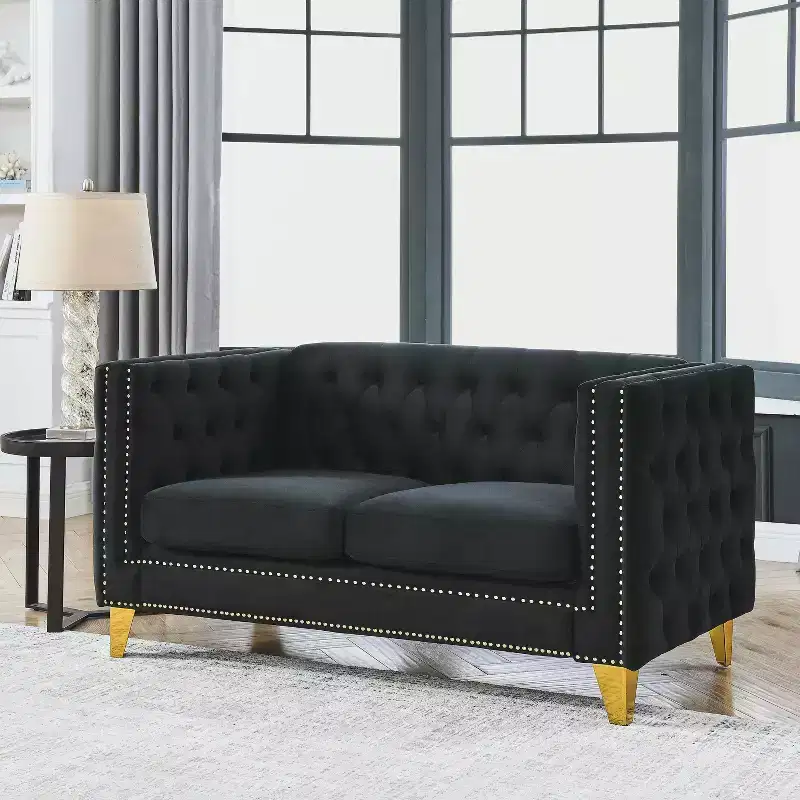 Button-Tufted Velvet 2-Seater Sofa with Square Arms & Metal Legs, Nailhead Trim