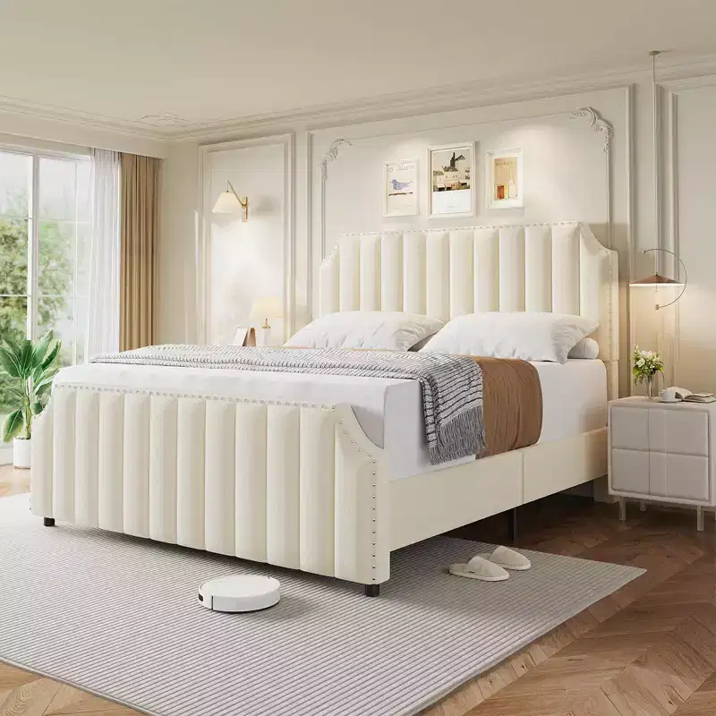 Queen Size Upholstered Bed Frame, Vertical Lines Platform Bed with Velvet Headboard and Footboard, Metal Mattress Foundation