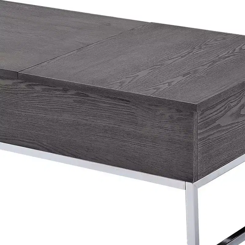Royal Hampton Wooden Coffee Table with Two Lift Tops and Metal Sled Leg Support, Gray and Silver