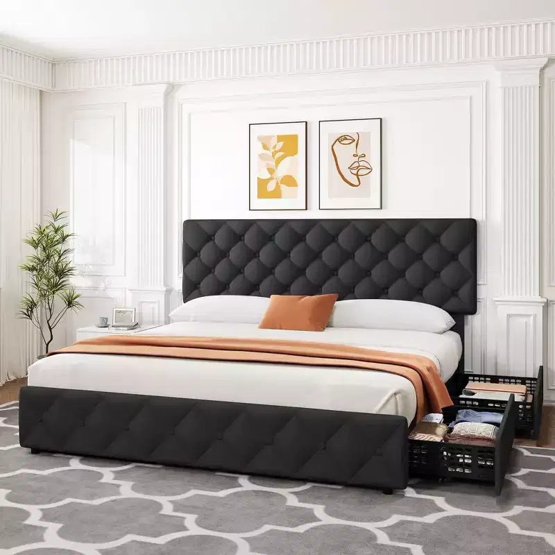 King Size Platform Bed Frame with Adjustable Headboard and 4 Drawers, Modern Grey Upholstered Bed Frame with Footboard, Wooden Slats Support