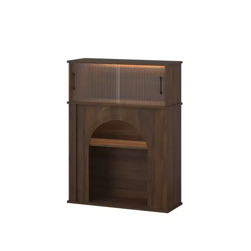 Famapy Dark Walnut Accent Cabinet with Fluted Glass & Adjustable LED Lighting