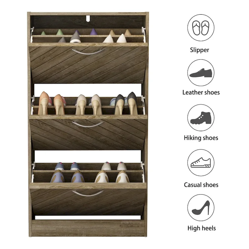 18-Pair Shoe Storage Cabinet with 3 Flip Drawers Wood/ Grey