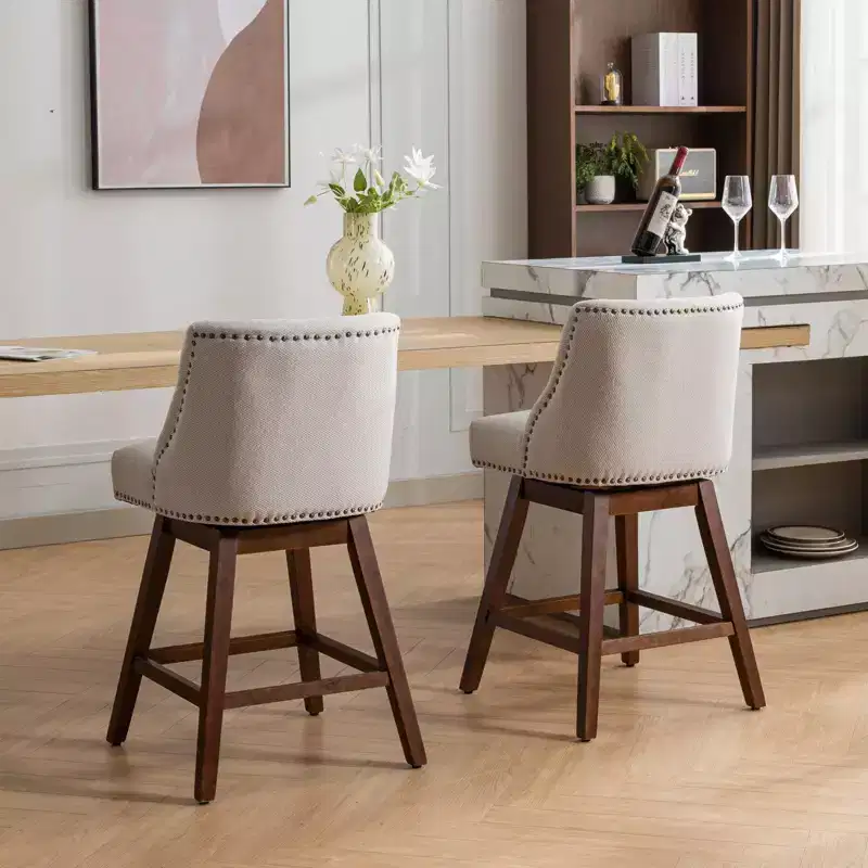Okak 26H Swivel Upholstered Counter Height Bar Stools Set of 2, Wooden Counter Stools for Kitchen Island & Dining Room