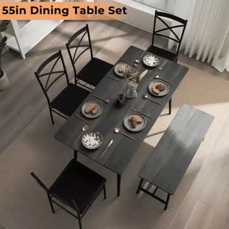 karl Home 1 Table, 1 Stool, 4 Chairs, Black Iron Pipe, Gray Soft Cushion, Dining Table and Chair Set
