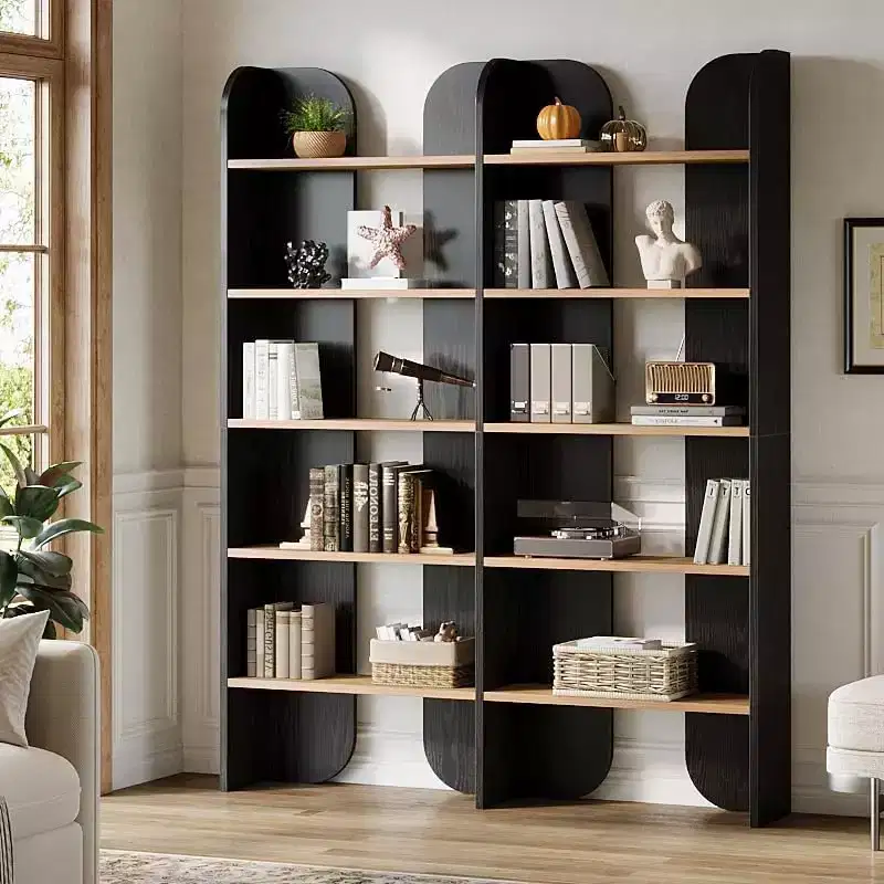 Black / Brown 5-Tier Double Wide Bookcase, Open Shelves, for 1 Person