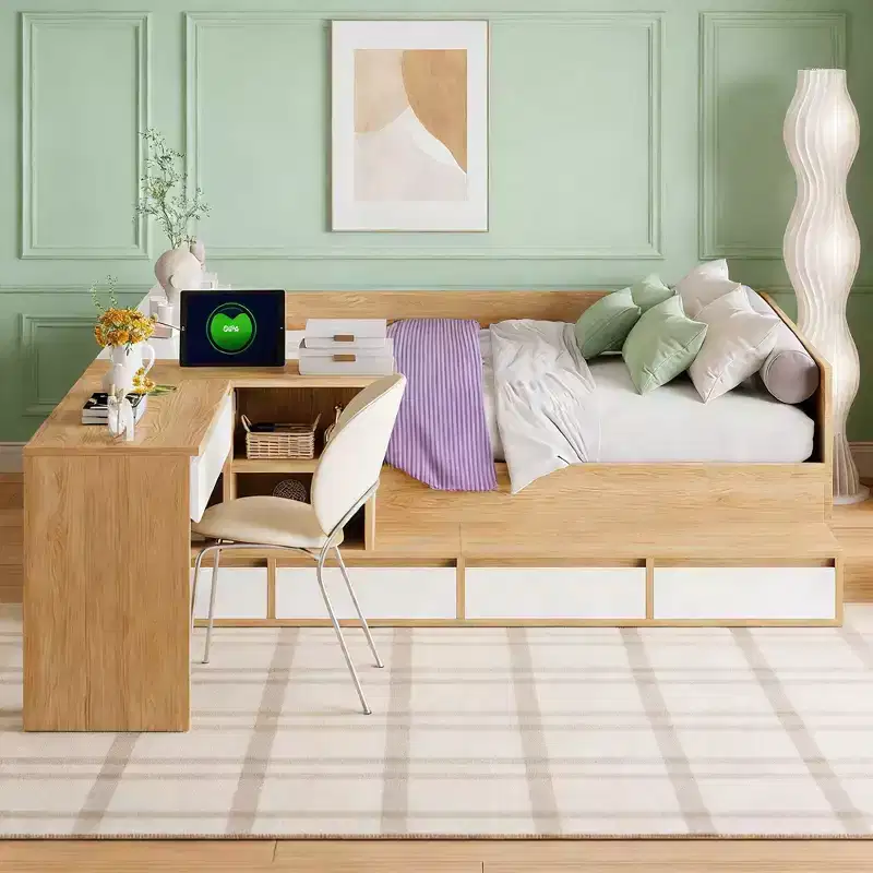Modern Full Size Wood Platform Bed with Dressing Table, 6 Drawers and Shelves