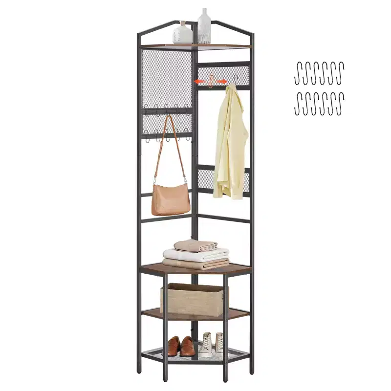 Corner Hall Tree, 71.3 in Coat Rack with Hooks, Top Shelf & Steel Frame, Freestanding Clothes Shoes Rack Storage Organizer, Black+Brown