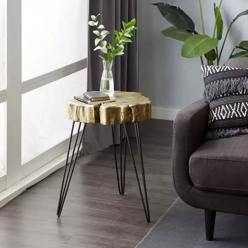 Modern Round Polystone & Metal Accent Table - Gold & Black