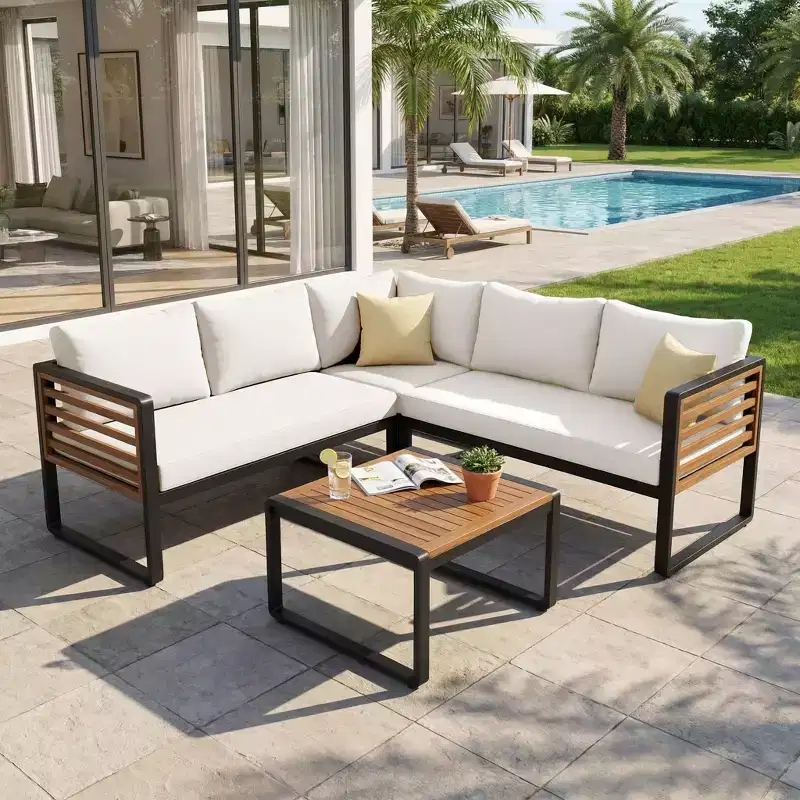 Whisen 4-Piece Modern Weather Resistant Metal & Wood Patio Conversation Furniture Set, Outdoor Sectional Sofa Couch Set with Cushions & Table