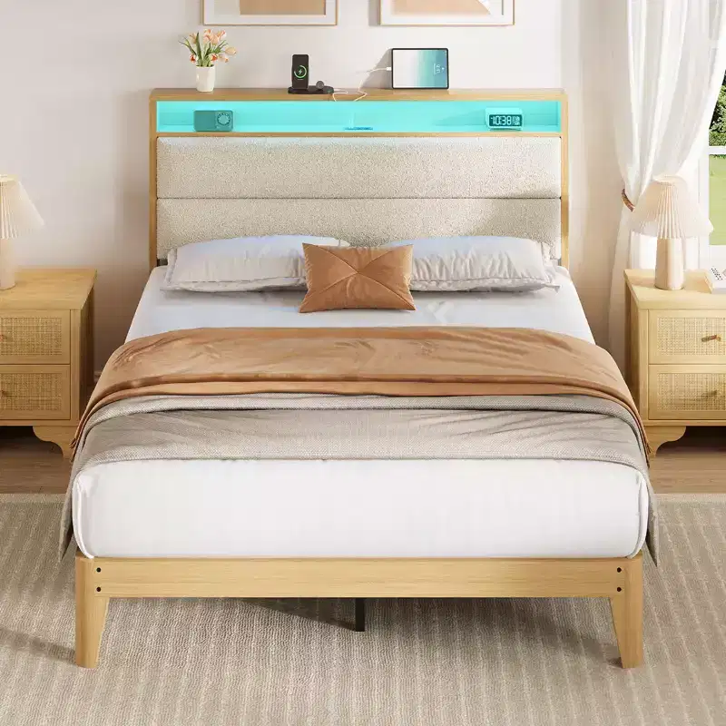 Bed frame, circular fabric platform bed frame with LED lights, upholstered headboard with built-in charging station, no spring mattress required