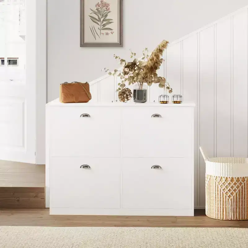 Shoe Cabinet, Narrow Shoe Rack with 4 Drawers and Metal Handle, Shoe Storage for Entryway, Foyer, Hallway, Bedroom