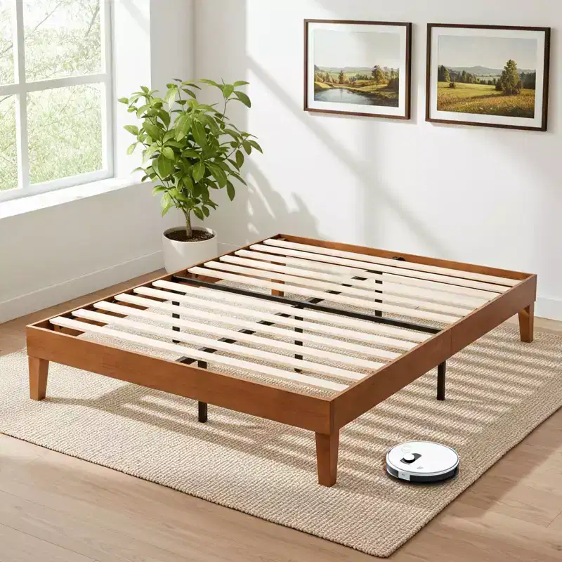 JIONJOY 12-Inch Queen Wood Platform Bed Frame, Solid Rubberwood Bedframe, Heavy Duty Mattress Foundation, Easy Assembly, Natural Wood
