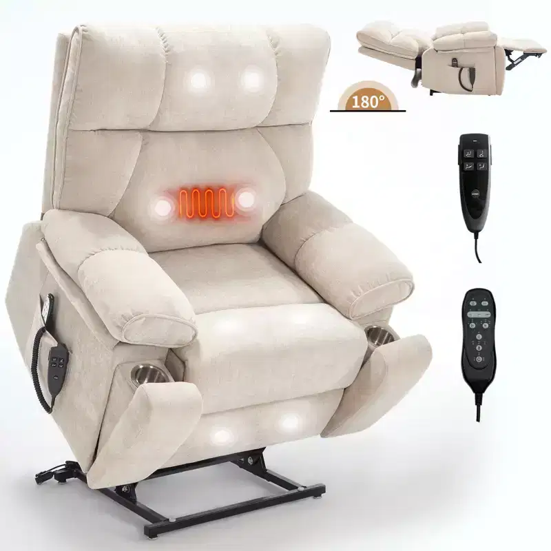 Heat Massage Recliners, Infinite Position Oversized Electric Power Lift Recliners with Hidden Cup Holders