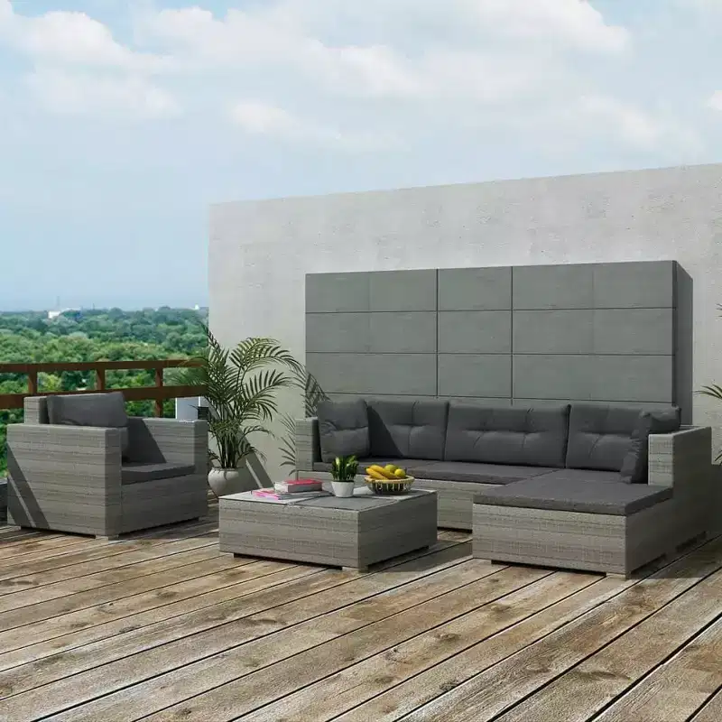 vidaXL 6-Piece Patio Lounge Set - Outdoor Sofa Set with Cushions and Tea Table - Gray Poly Rattan