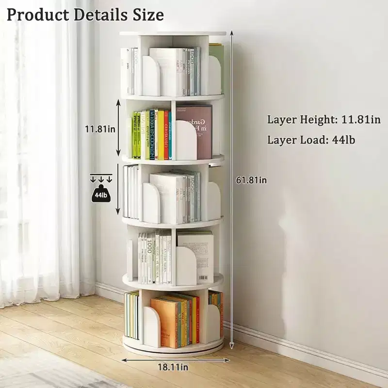 5-Tier 360 Rotating Bookcase Storage, Circular Rotating Bookcase, Space-Saving Compact Bedroom Bookcase Tower, Warm White