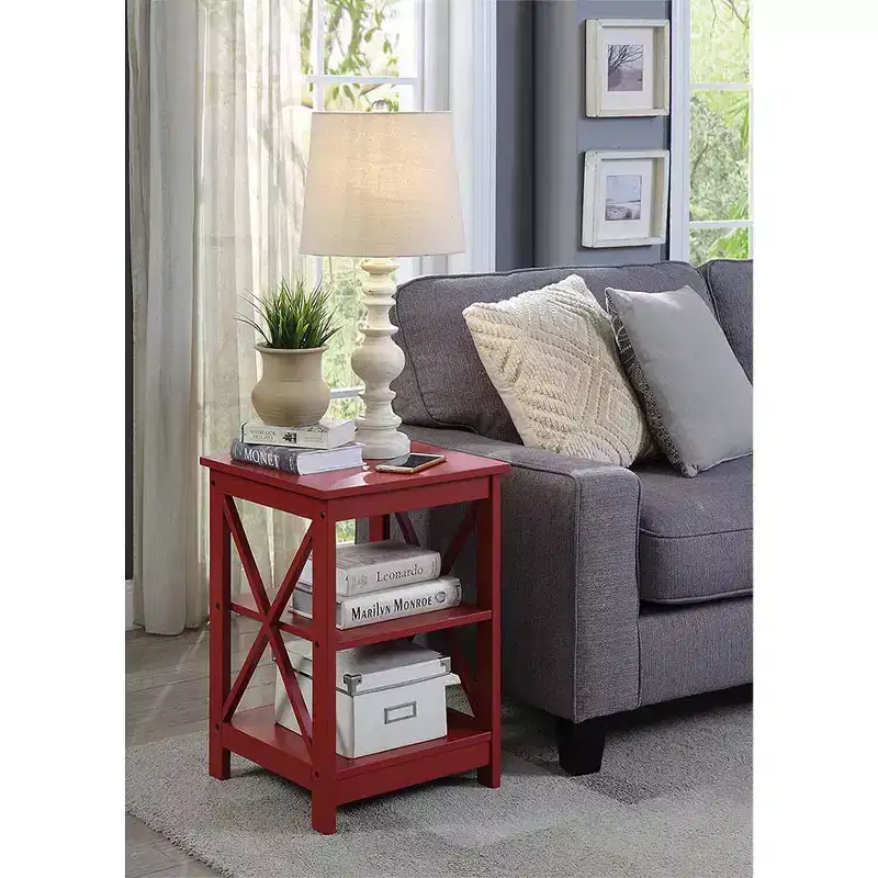 HomeStock Belmont End Table with Three Shelves and X Frame Sides, Stylish Transitional Accent Table with Open Storage for Living Room or Bedroom