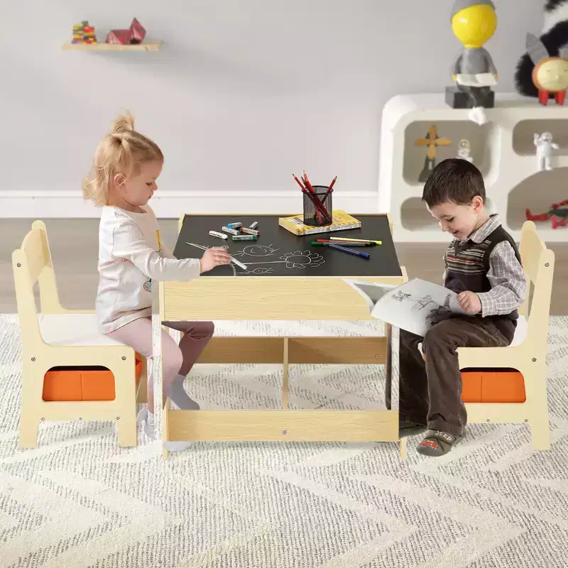 VEVOR Kids Table and Chair Set, Wooden Activity Table with Storage Space and Boxes, Kids Play Table for Toddlers Art, Craft, Reading, Learning, Beige