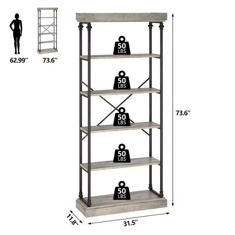 Industrial 6 Tier Bookshelf, Metal Frame Rustic Tall Standing Bookcase, Large Vintage Display Rack for Bedroom, Living Room and Home Office