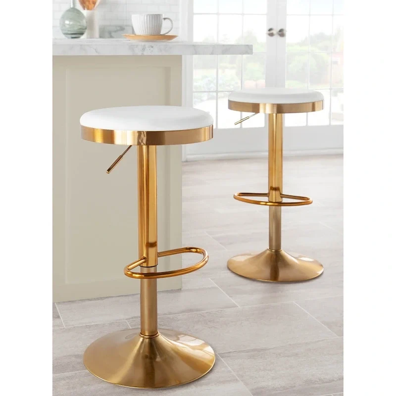 Lumisource Dakota Barstool in Gold Steel and White Leather - Set of 2 - 15Lx15Wx23-31.75H