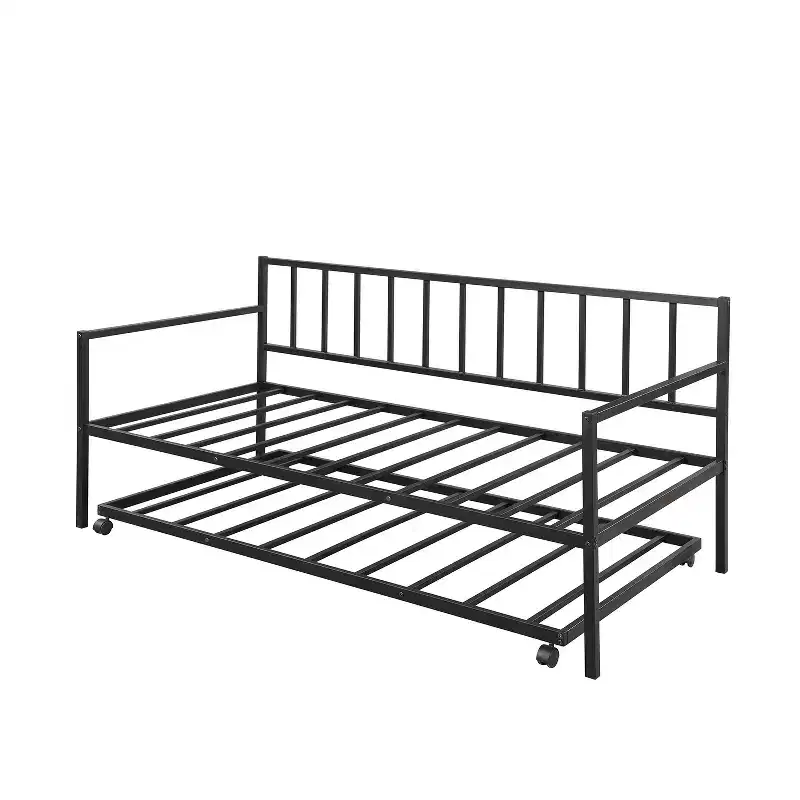 Metal Twin Size Daybed with Trundle, Metal Lounge Daybed Frame with Pull out Trundle for Living Room, Black