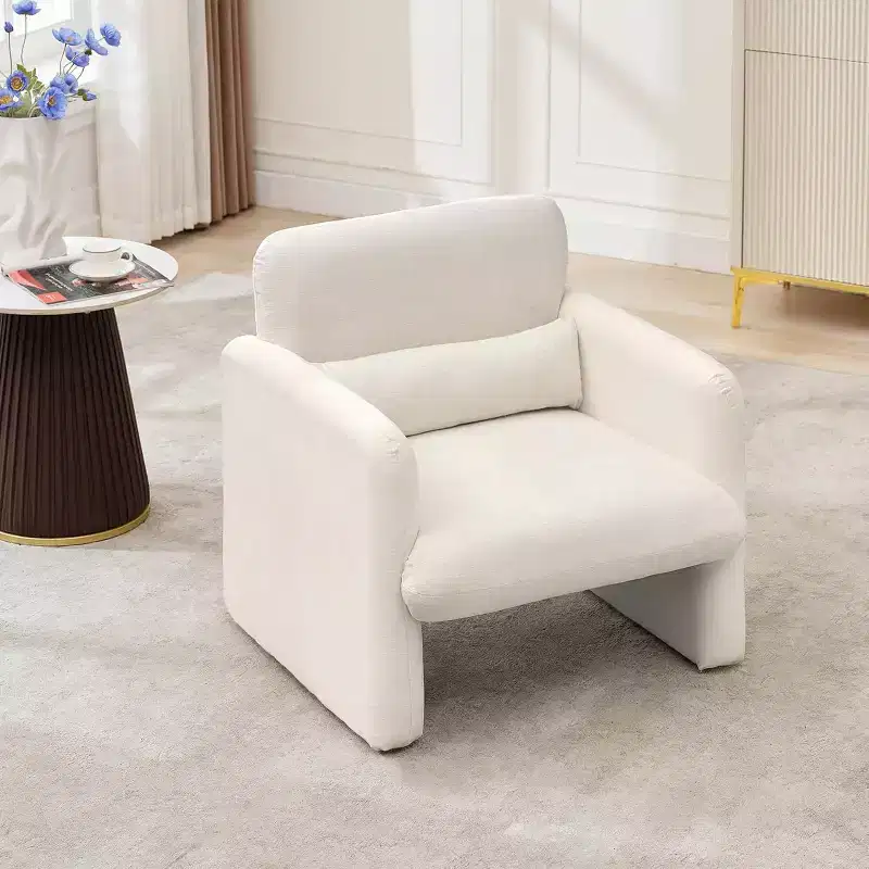 Acekool Cream Chenille Accent Chair, Modern Minimalist Armchair with Waist Pillow, Wood Frame, for Living Room Bedroom Office