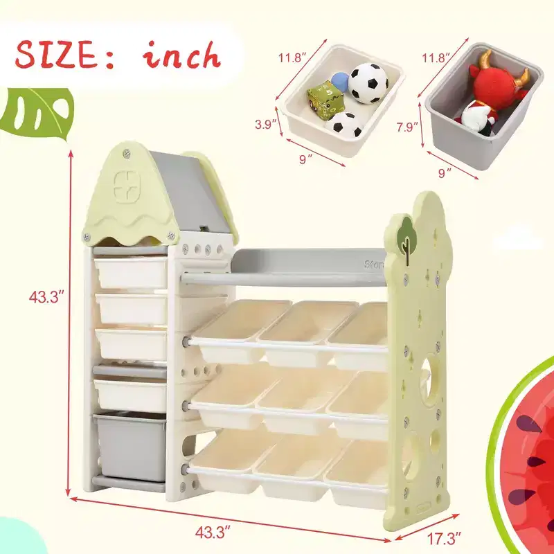 Kids Bookshelf Toy Storage Box, Multifunctional Toy Storage Cabinet with 14 Cubies for Nursery Kids Room Playroom Green