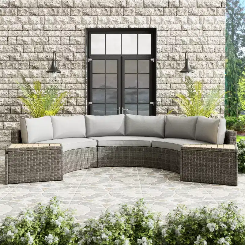 Greemotion 5pc Barbuda Curved Outdoor Furniture Set with Teak Wood Storage Tables Brown: UV-Protected, Rust-Resistant Patio Set