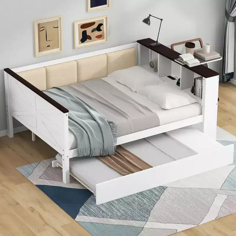 Whisen Twin Size Wood Daybed & Bed Frame with Storage Shelves, Upholstered Backrest and Trundle
