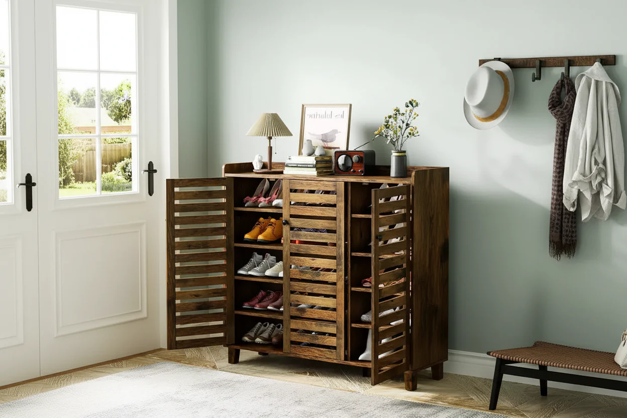 Large Tall Shoe Cabinet with 3 Doors 6-Tier Ultra Wide Shoe Cabinet Storage for Entryway 30 Pairs Shoes Organizer Rustic Brown