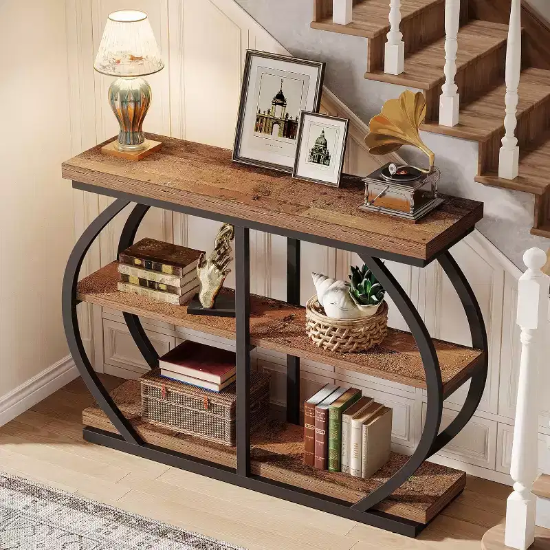 41.3 Industrial Console Table with 3-Tier, Arched Metal Frame and Storage Shelves, Mix Brown, suitable for Living Room, Hallway.