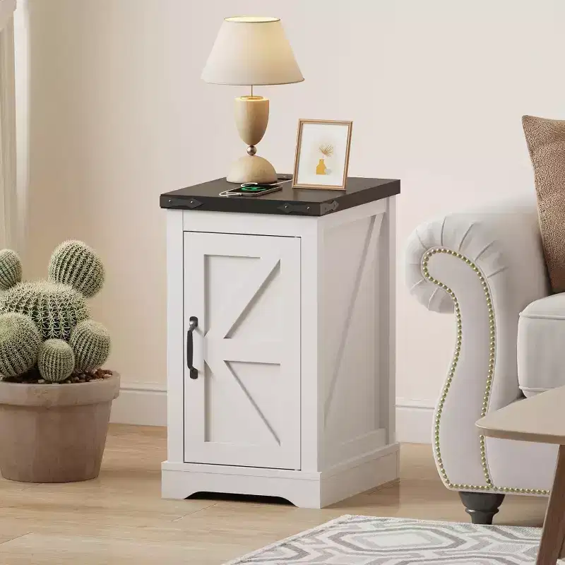 Farmhouse Charging Nightstand - Retro Bedside Table with 2 AC Outlets, 2 USB Ports, Adjustable Shelf & Cord Management, Distressed White