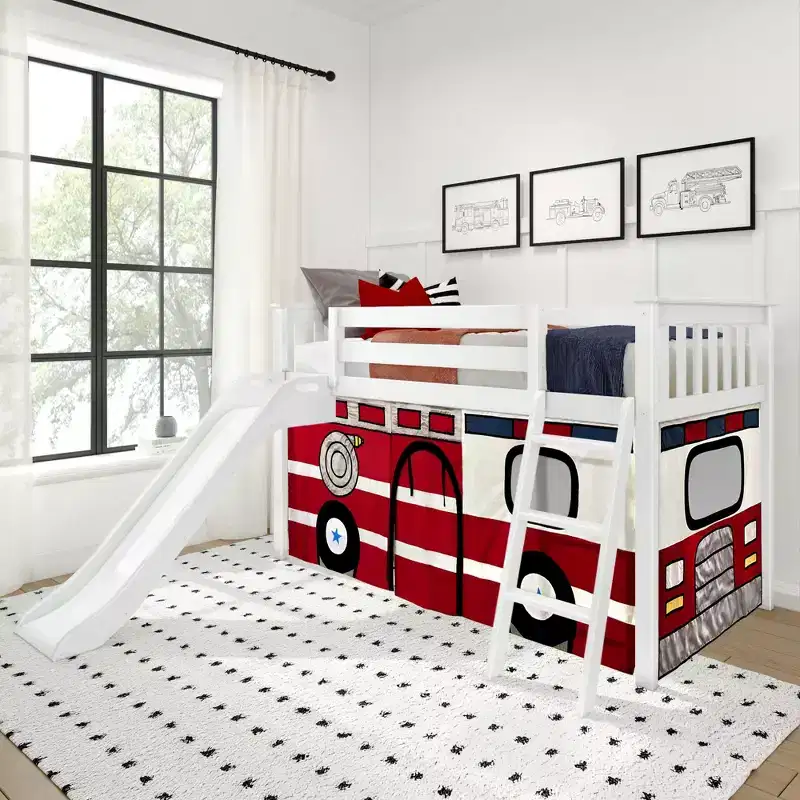 Twin Low Loft With Easy Slide & Firetruck Curtain