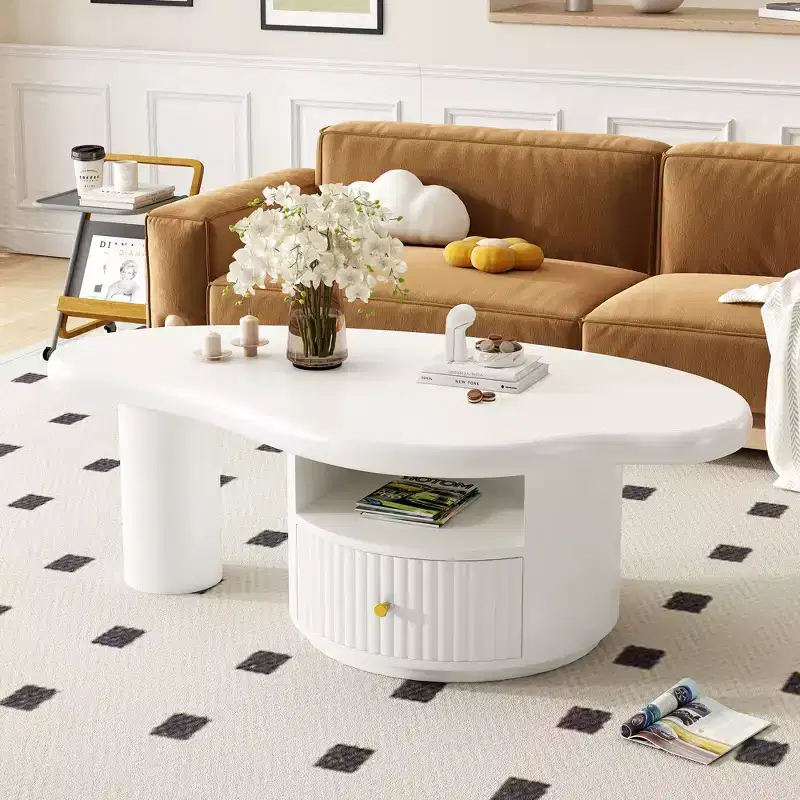 Modern Cloud Coffee Tables, Irregular Shape Center Table with 2 Drawers & 2 Small Stools, Coordinated Living Room Duo