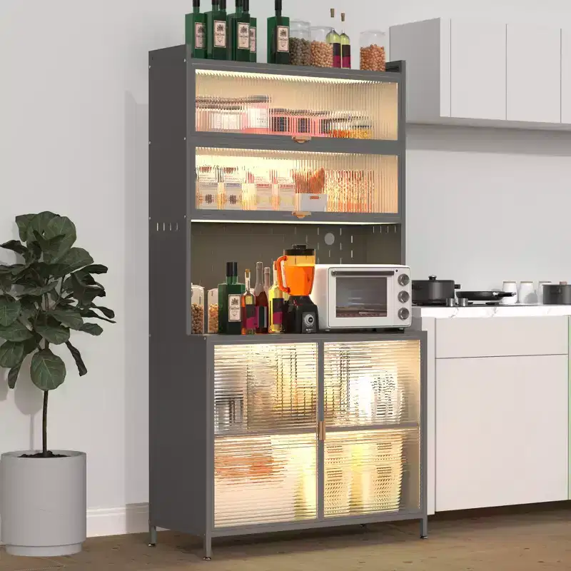 Tall kitchen food cabinet with 6-layer flip-top doors, pegboard, spacious, adjustable, and stylish metal food storage cabinet