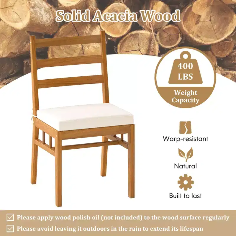 Costway Solid Acacia Wood Patio Chair Set of 4 w/ Padded Seat Cushions