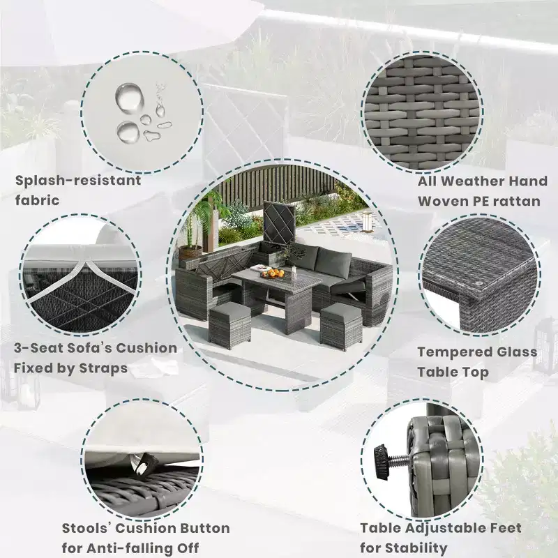 Whisen 6-Piece Outdoor PE Rattan Sofa Set with Storage Box & Removable Covers