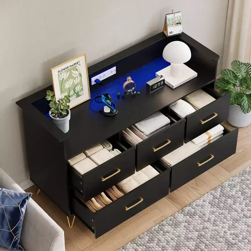 Modern Wood 5 Drawers Dresser with LED Lights, 47 in Freestanding Chest of Drawers, Storage Organizer with Gold Legs