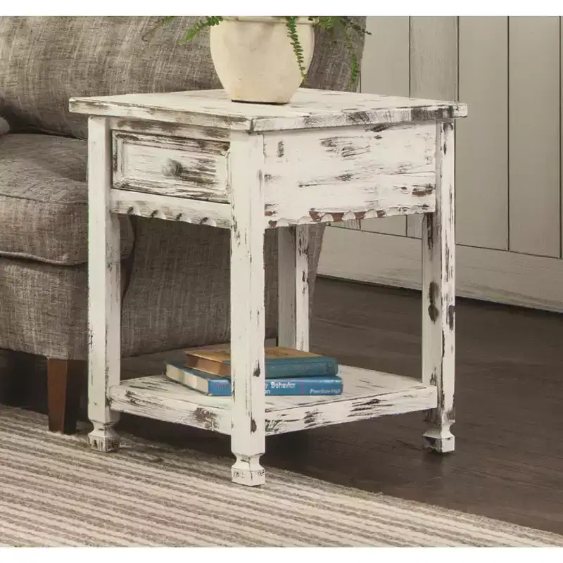 Rustic Chairside End Table with 1 Drawer & 1 Shelf, Distressed White Finish & Square Turned Legs