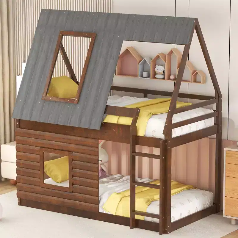 Elegant Design Twin Size House Bunk Bed with Roof, Ladder and 2 Windows