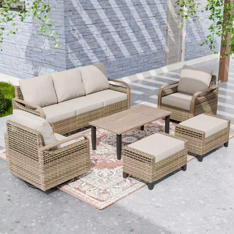 EAGLE PEAK Wicker Outdoor Patio Conversation Set, 2 Swivel Rocking Chairs, 3-Seat Loveseat, 2 Ottomans and Coffee Table, 6 Pieces