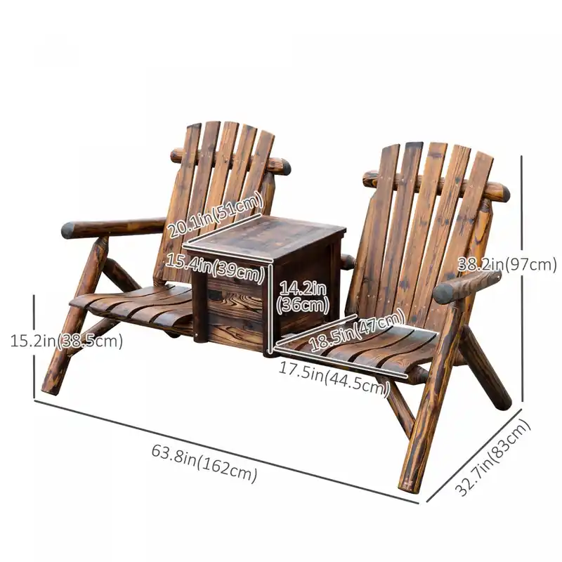 64 Double Wooden Garden Bench With Table, Rustic Brown